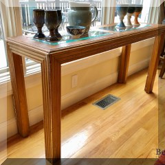 F70. Console table with burlwood and glass top. 